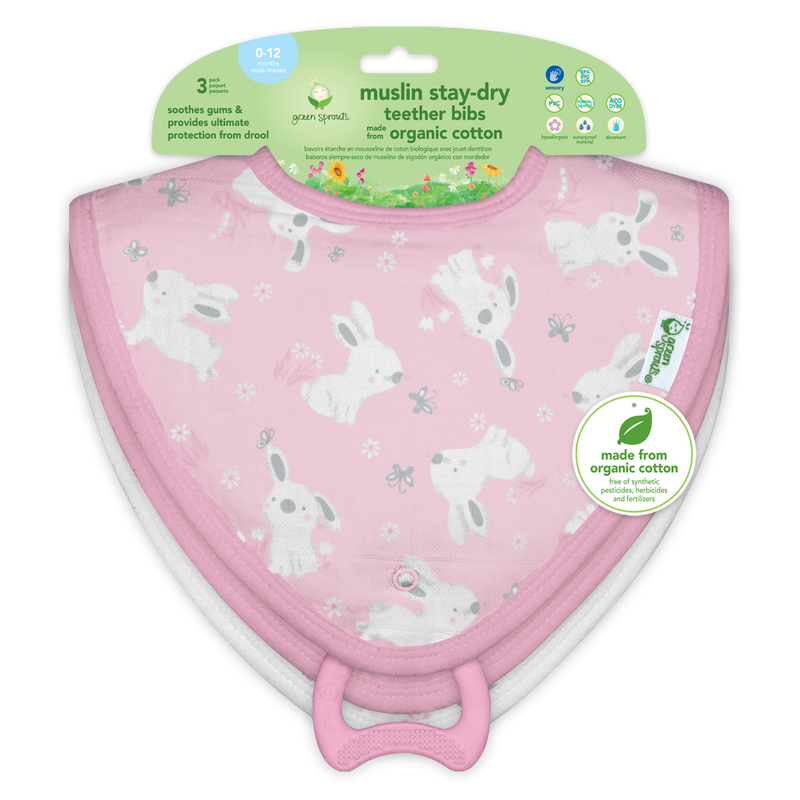 Muslin Stay-dry Teether Bibs made from Organic Cotton (3 pack) - Pink Bunny